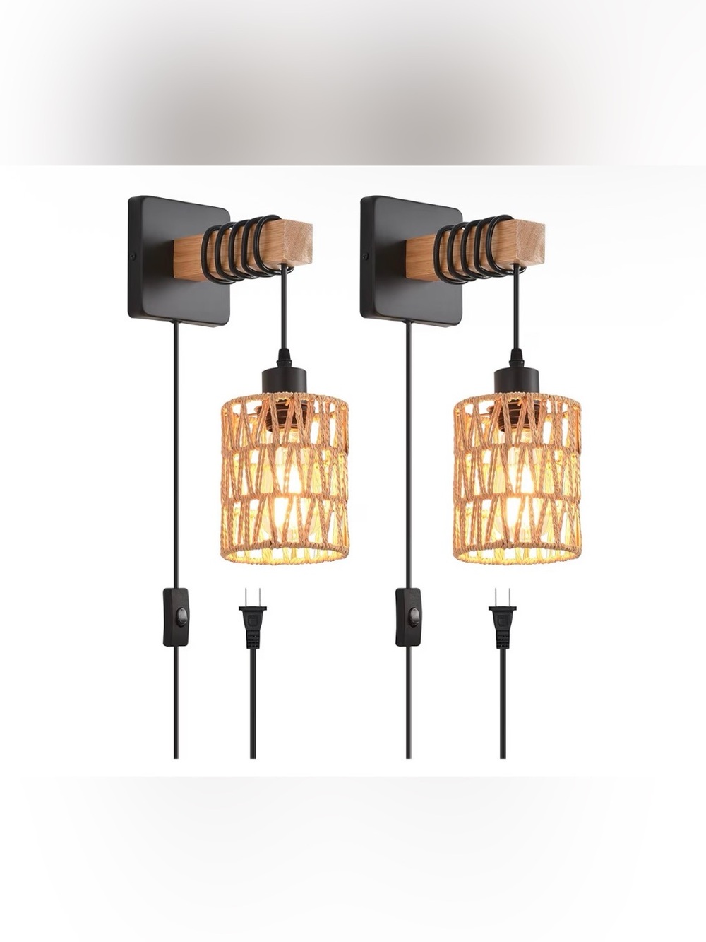 Plug in Cord Set of Two Indoor Vintage Rattan Wall Lights